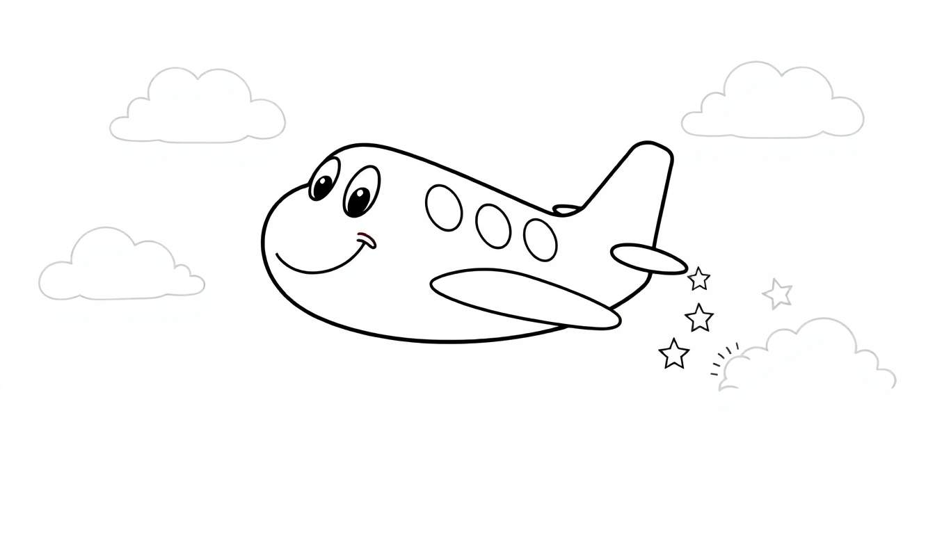 Placa de color de un avión de dibujos animados con cara sonriente volando entre nubes.