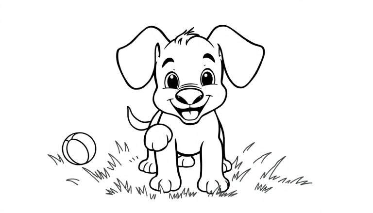 Un cachorro de dibujo lineal sonriente sentado en la hierba con una pelota, listo para ser coloreado.