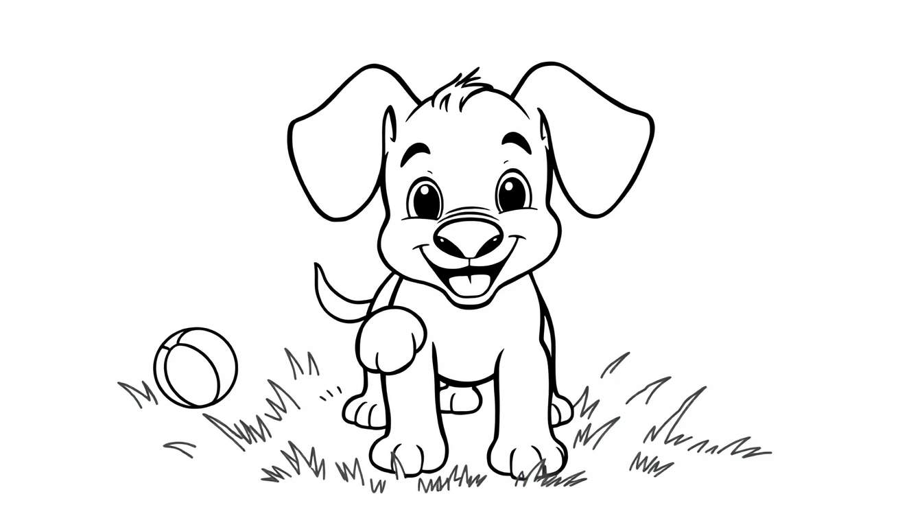 Un cachorro de dibujo lineal sonriente sentado en la hierba con una pelota, listo para ser coloreado.