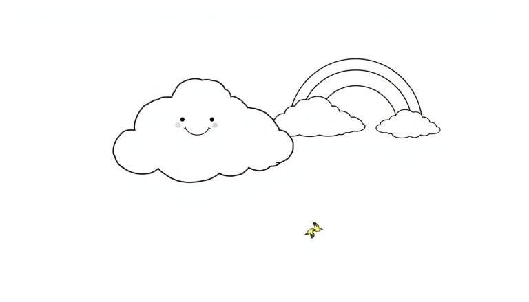 Una placa de color con un pájaro amarillo volando bajo un arcoíris y nubes sonrientes.