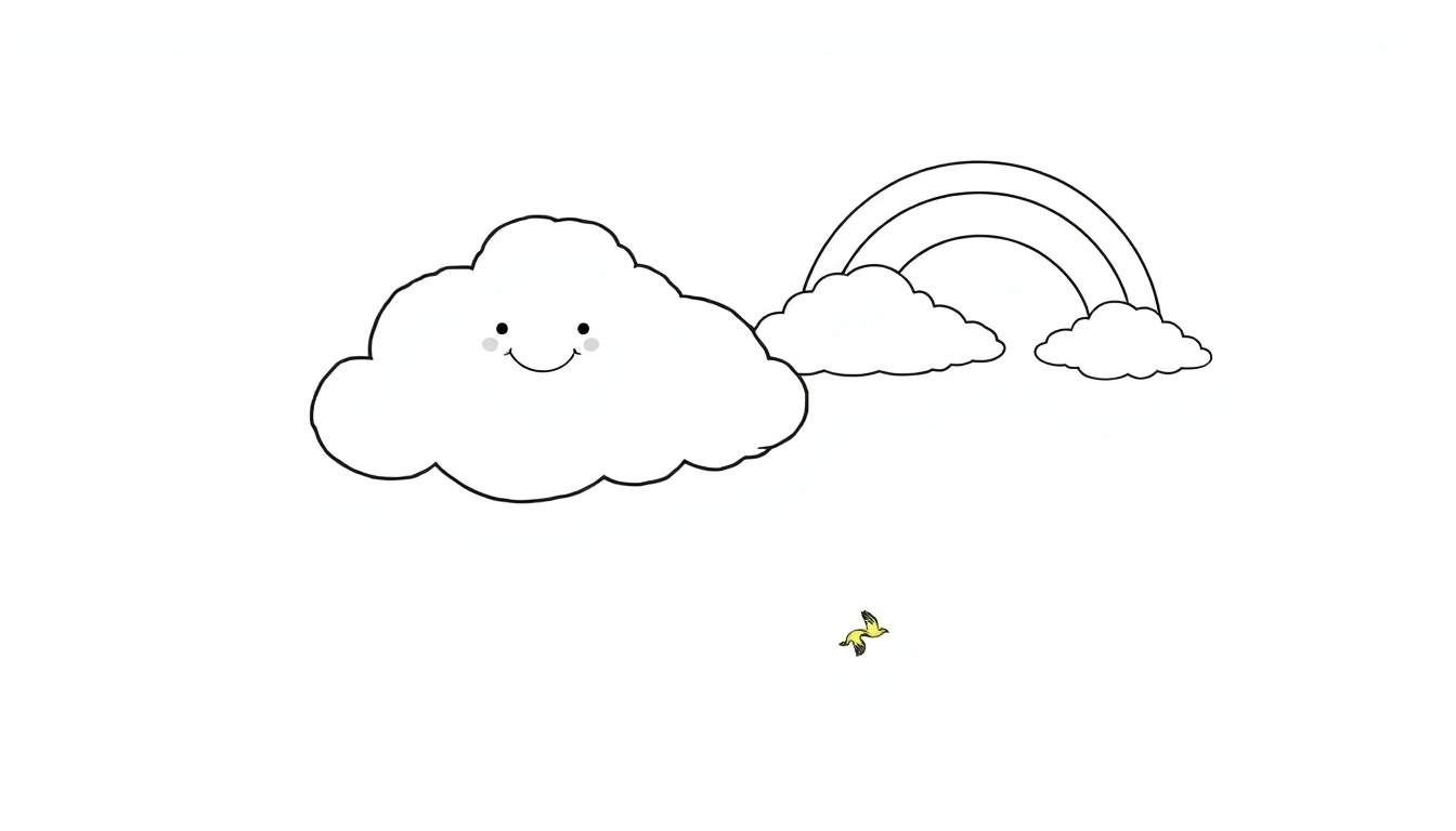 Una placa de color con un pájaro amarillo volando bajo un arcoíris y nubes sonrientes.
