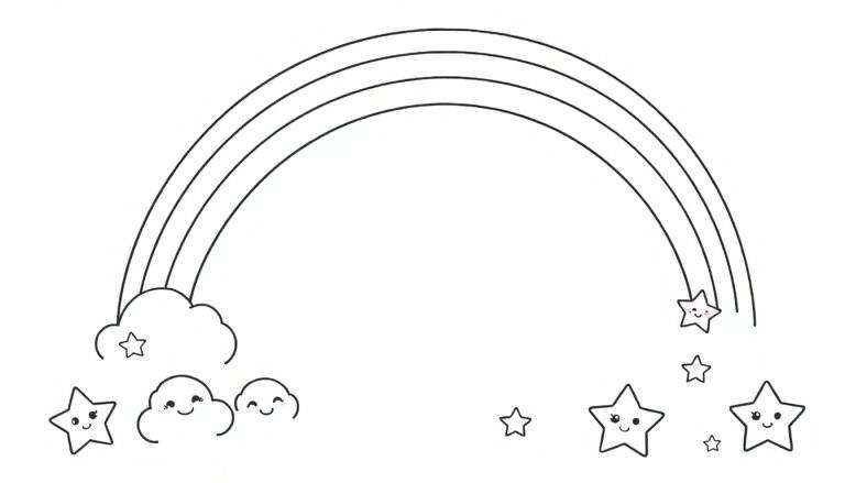 Una página para colorear con un arcoíris, nubes sonrientes y estrellas, una placa de color completa.