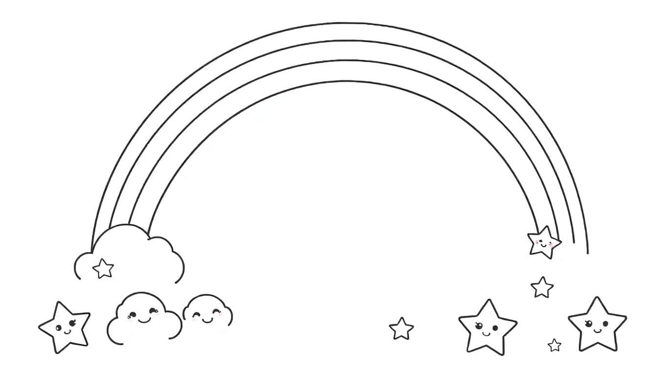 Una página para colorear con un arcoíris, nubes sonrientes y estrellas, una placa de color completa.