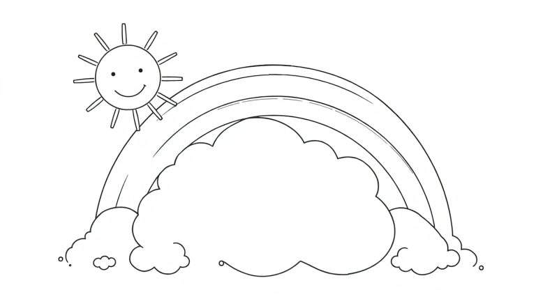 Placa de color: un sol sonriente y un arco iris sobre nubes.