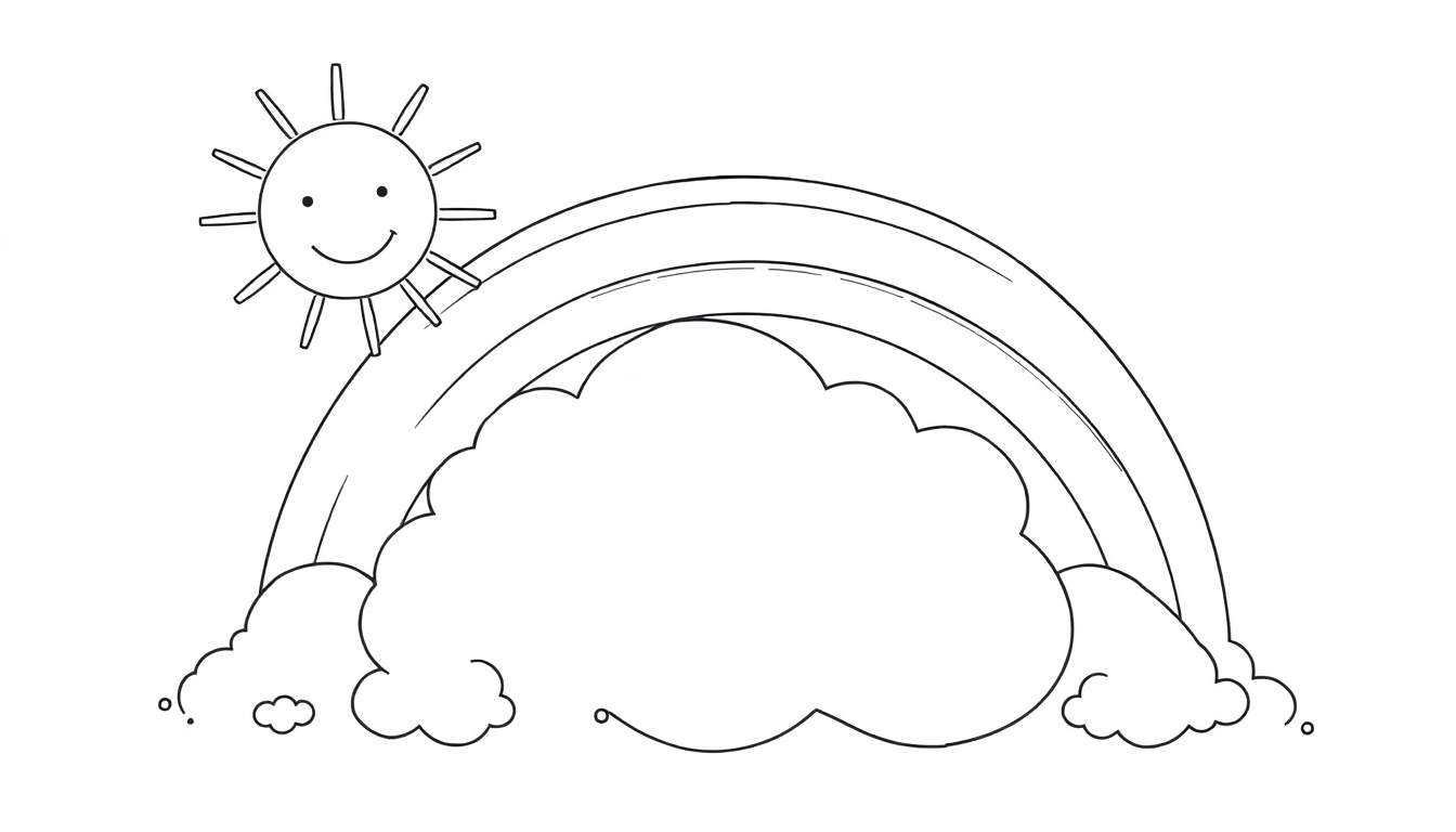 Placa de color: un sol sonriente y un arco iris sobre nubes.