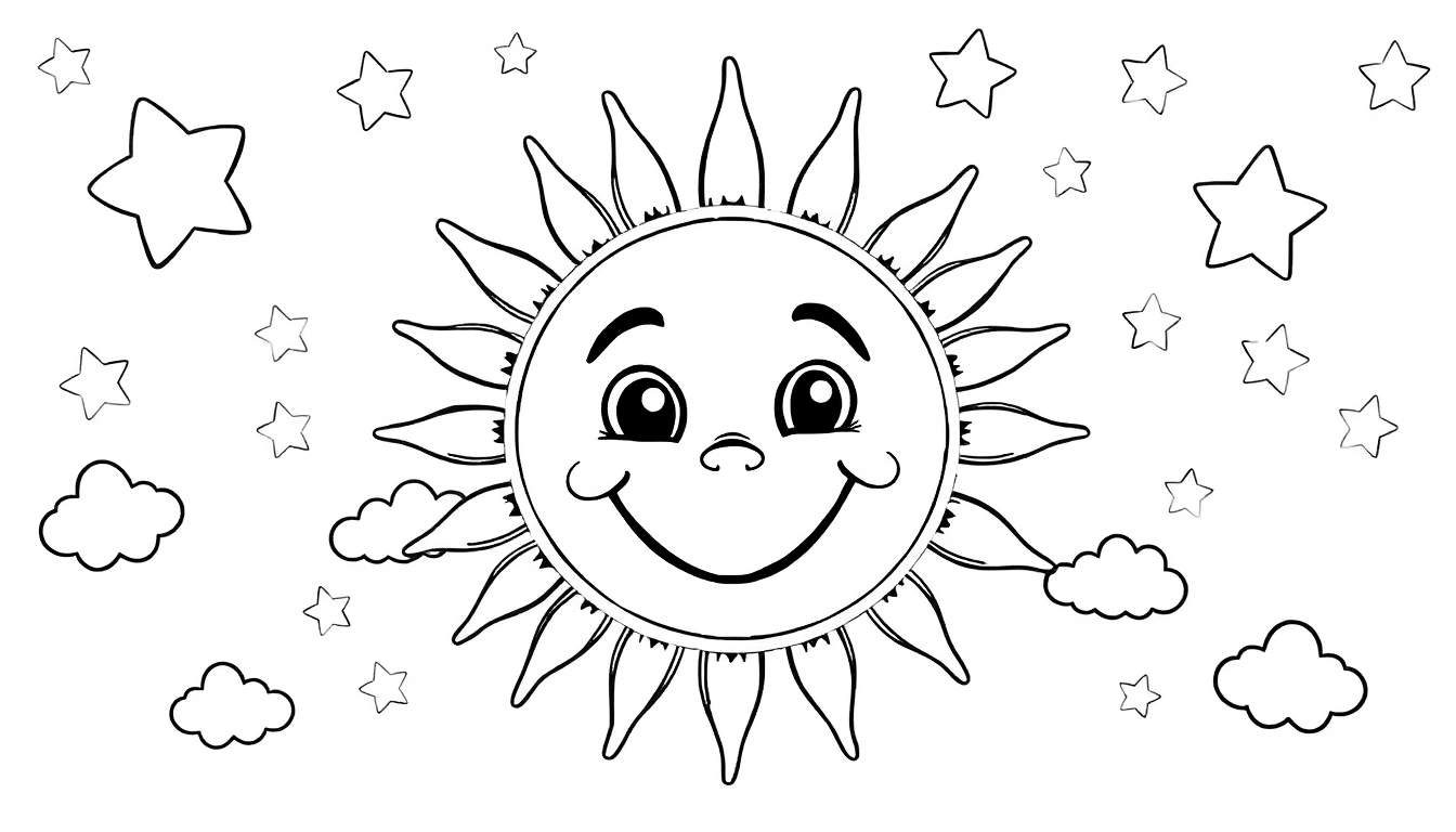 Un sol sonriente con rayos puntiagudos y ondulados, rodeado de estrellas de cinco puntas y nubes suaves. Es un dibujo lineal en blanco y negro para colorear, con la placa de color lista para ser utilizada.