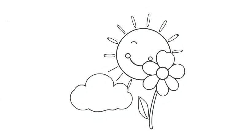 Placa de color: un sol sonriente con rayos, una nube y una flor con una hoja.