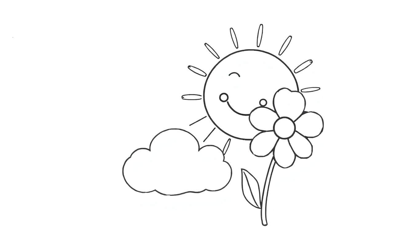 Placa de color: un sol sonriente con rayos, una nube y una flor con una hoja.