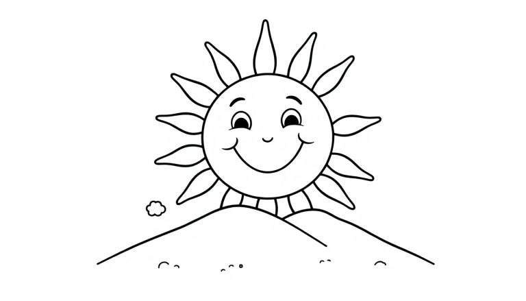 Placa de color de un sol sonriente asomándose detrás de colinas.