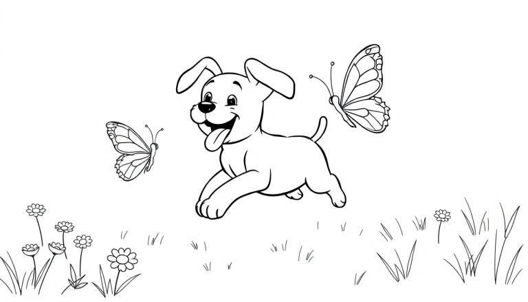 Placa de color de un cachorrito feliz persiguiendo mariposas en un prado.