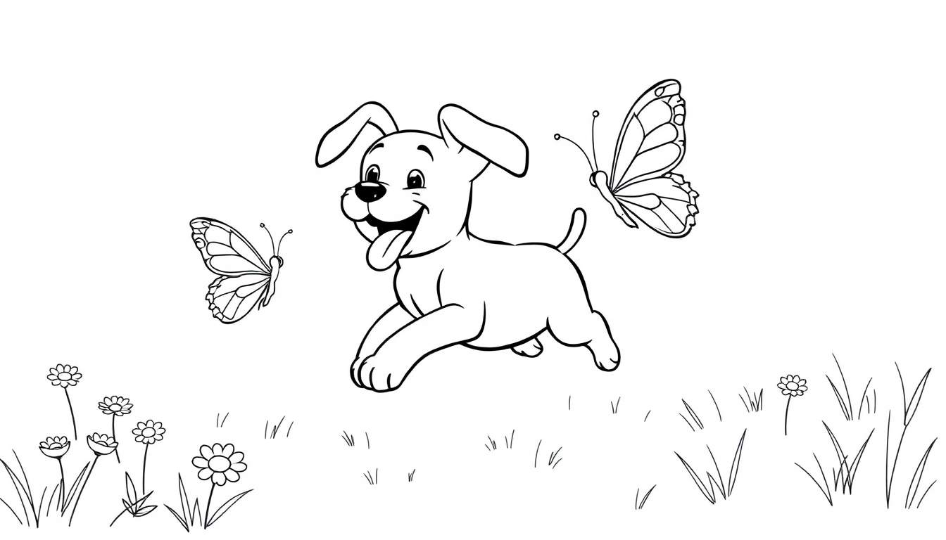 Placa de color de un cachorrito feliz persiguiendo mariposas en un prado.