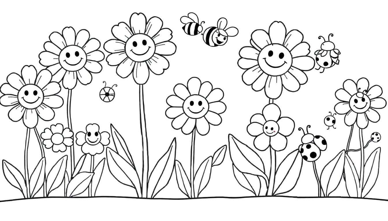 Placa de color con un jardín lleno de flores sonrientes, abejas y mariquitas.