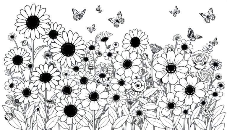 Placa de color de un jardín de flores y mariposas en blanco y negro.