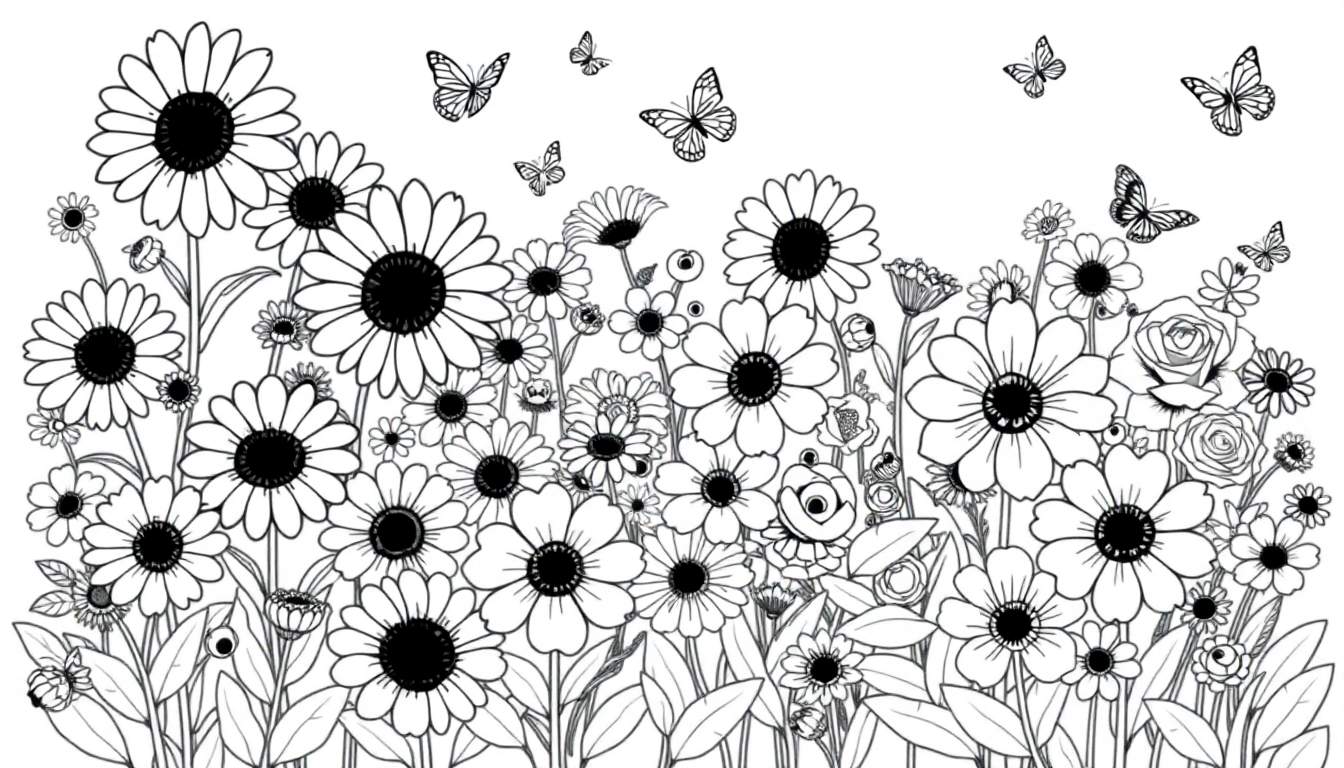 Placa de color de un jardín de flores y mariposas en blanco y negro.