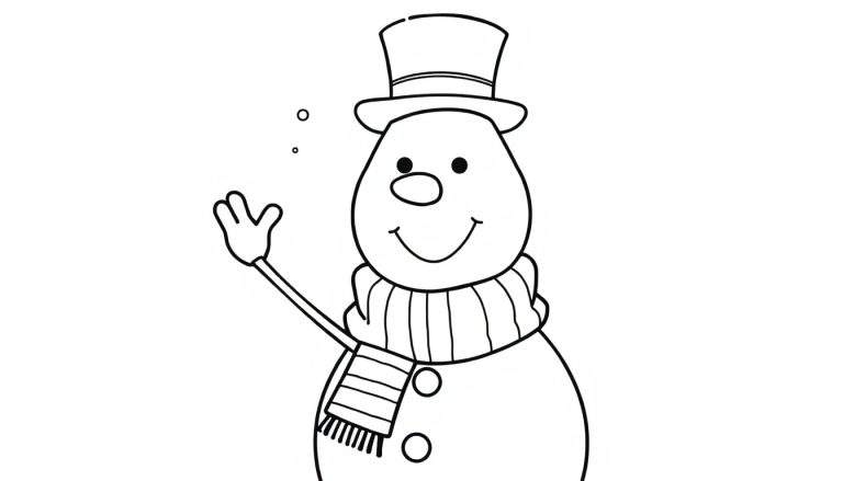 Una placa de color de un muñeco de nieve sonriente con sombrero y bufanda.