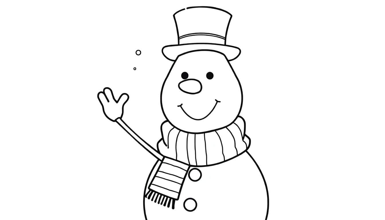 Una placa de color de un muñeco de nieve sonriente con sombrero y bufanda.