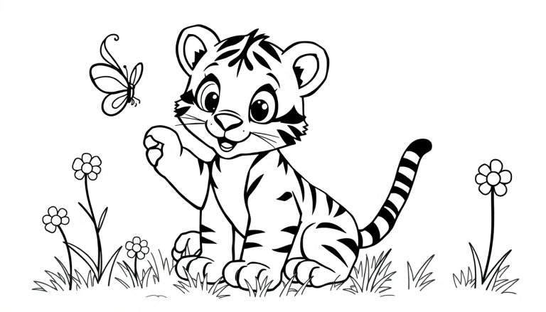 Placa de color de un cachorro de tigre saludando a una mariposa en un campo de flores.