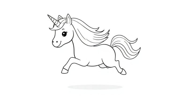 Placa de color de unicornio chibi galopando.