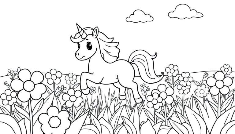 Placa de color de un unicornio saltando entre flores.