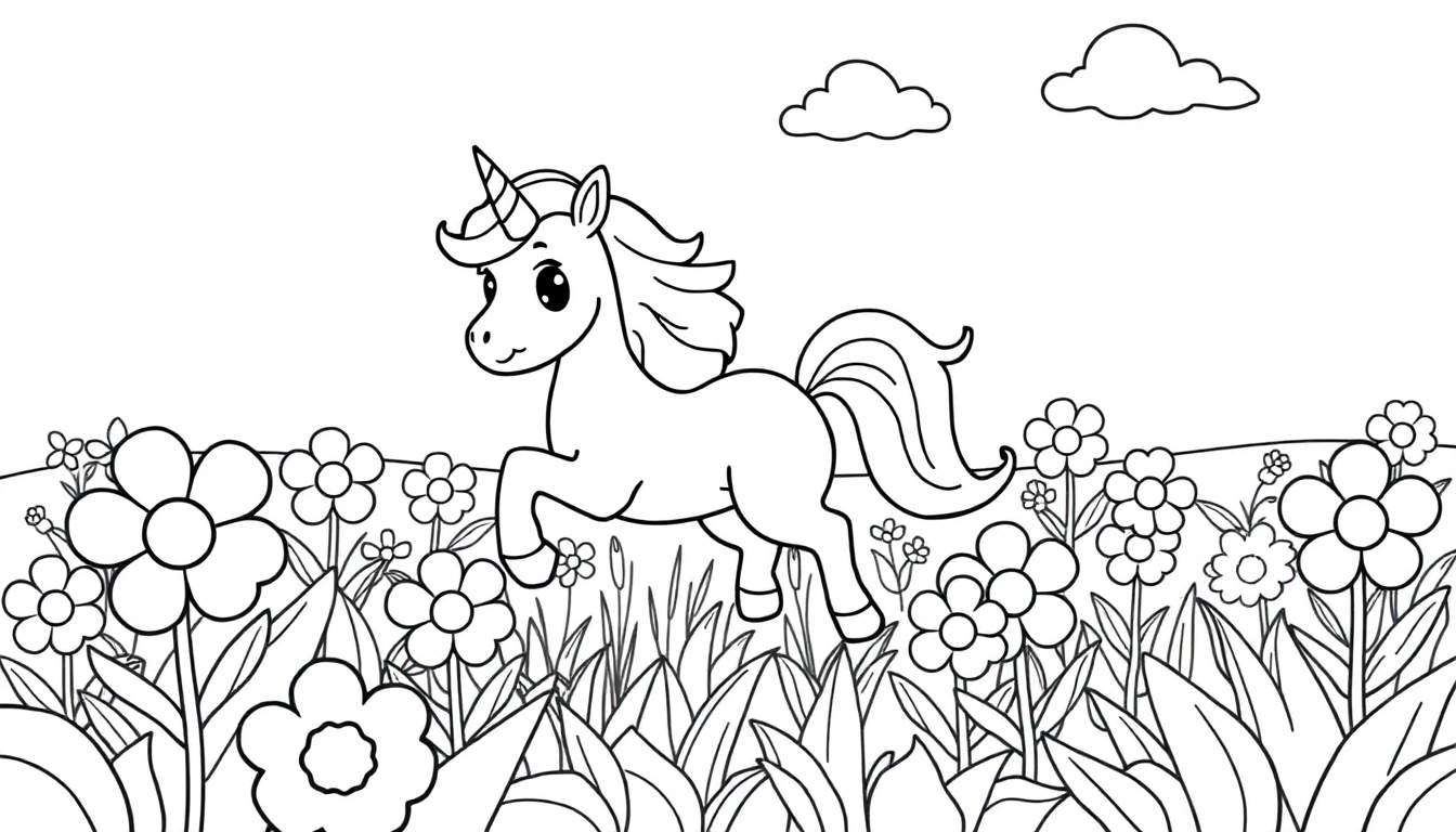 Placa de color de un unicornio saltando entre flores.