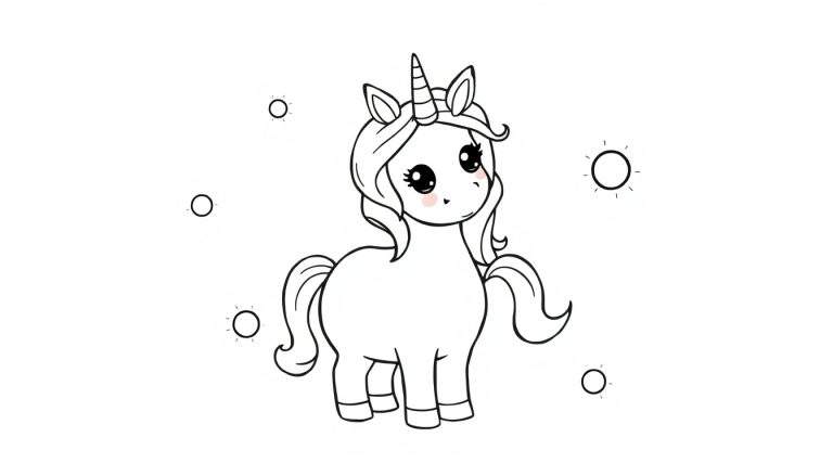 Placa de color con un unicornio de dibujos animados para colorear.