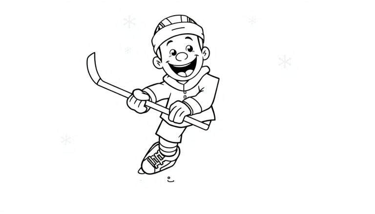 Placa de color: niño sonriente jugando al hockey sobre hielo con un palo.