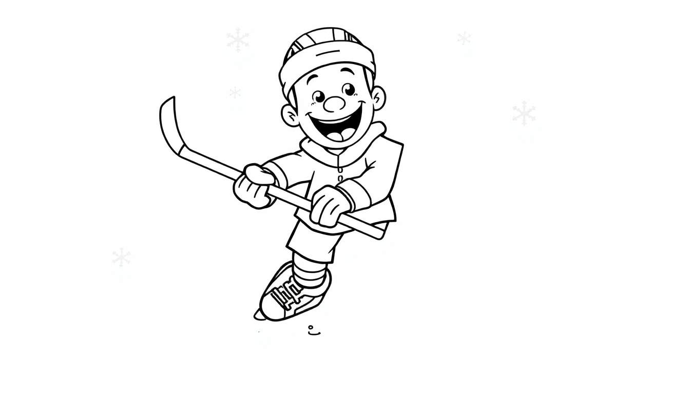 Placa de color: niño sonriente jugando al hockey sobre hielo con un palo.