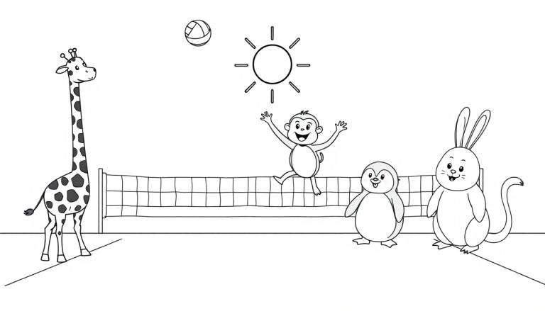 Una jirafa, un mono, un pingüino y un conejo jugando voleibol bajo el sol, perfecto para una placa de color.