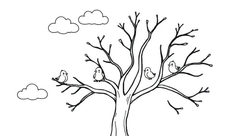 Placa de color de un árbol sin hojas con pájaros y nubes.