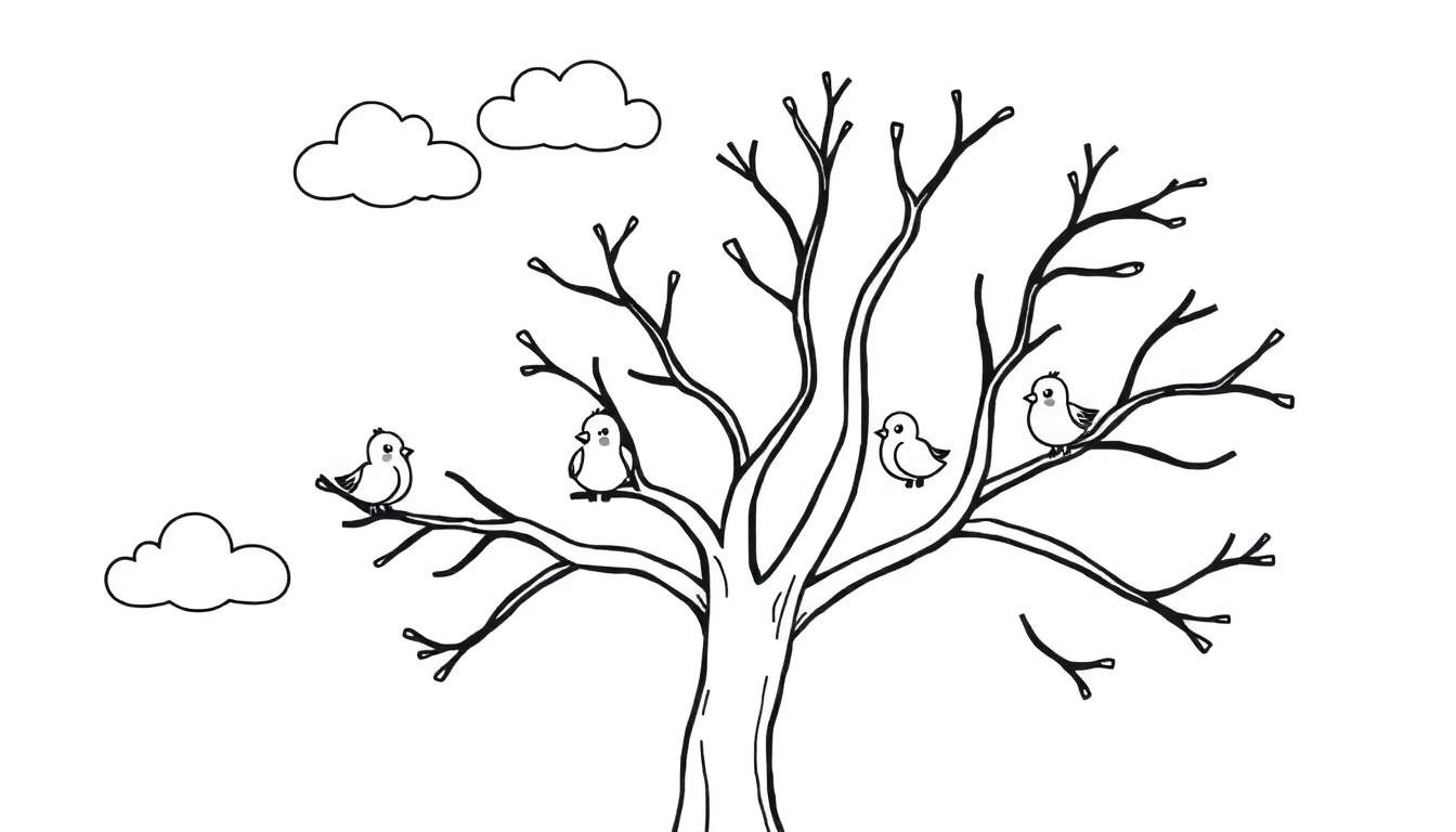 Placa de color de un árbol sin hojas con pájaros y nubes.