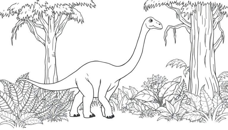Un dibujo lineal en blanco y negro de un dinosaurio herbívoro de cuello largo, como un braquiosaurio, caminando entre plantas prehistóricas, listo para ser coloreado en una placa.