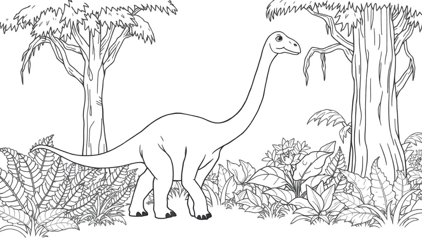 Un dibujo lineal en blanco y negro de un dinosaurio herbívoro de cuello largo, como un braquiosaurio, caminando entre plantas prehistóricas, listo para ser coloreado en una placa.