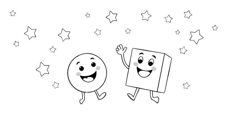 Un círculo y un cuadrado sonrientes bailando bajo una lluvia de estrellas, página de colorear.