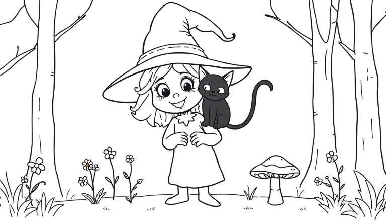 Placa de colorear de una brujita sonriente con un gato negro en un bosque mágico.