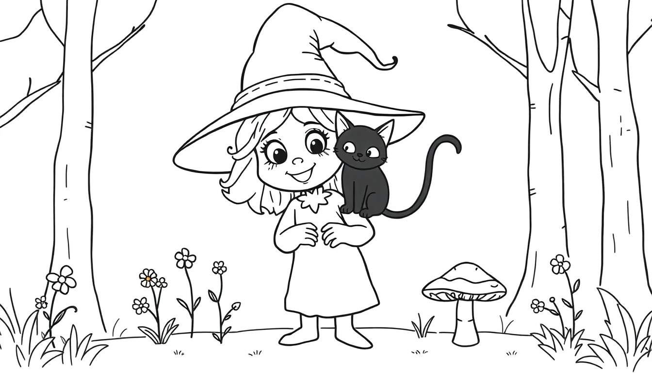 Placa de colorear de una brujita sonriente con un gato negro en un bosque mágico.