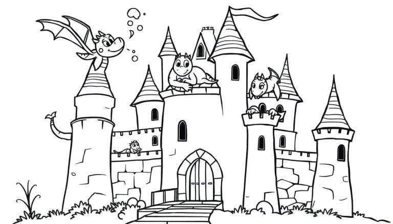 Placa de colorear: Castillo con dragones amigables