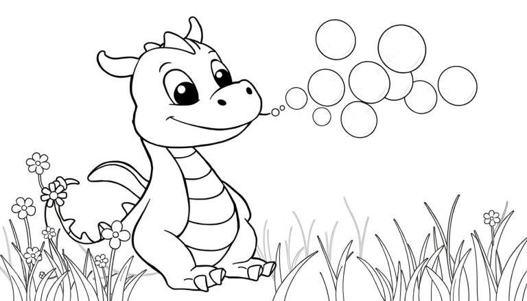 Un dragón de dibujos animados amigable soplando burbujas en un campo de flores, listo para ser coloreado en una placa.