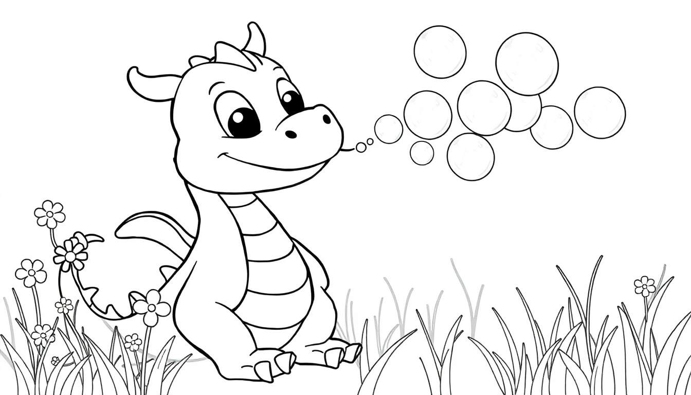 Un dragón de dibujos animados amigable soplando burbujas en un campo de flores, listo para ser coloreado en una placa.