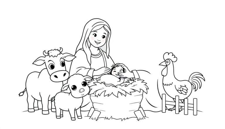 Placa de colorear de la Natividad con animales amigables.