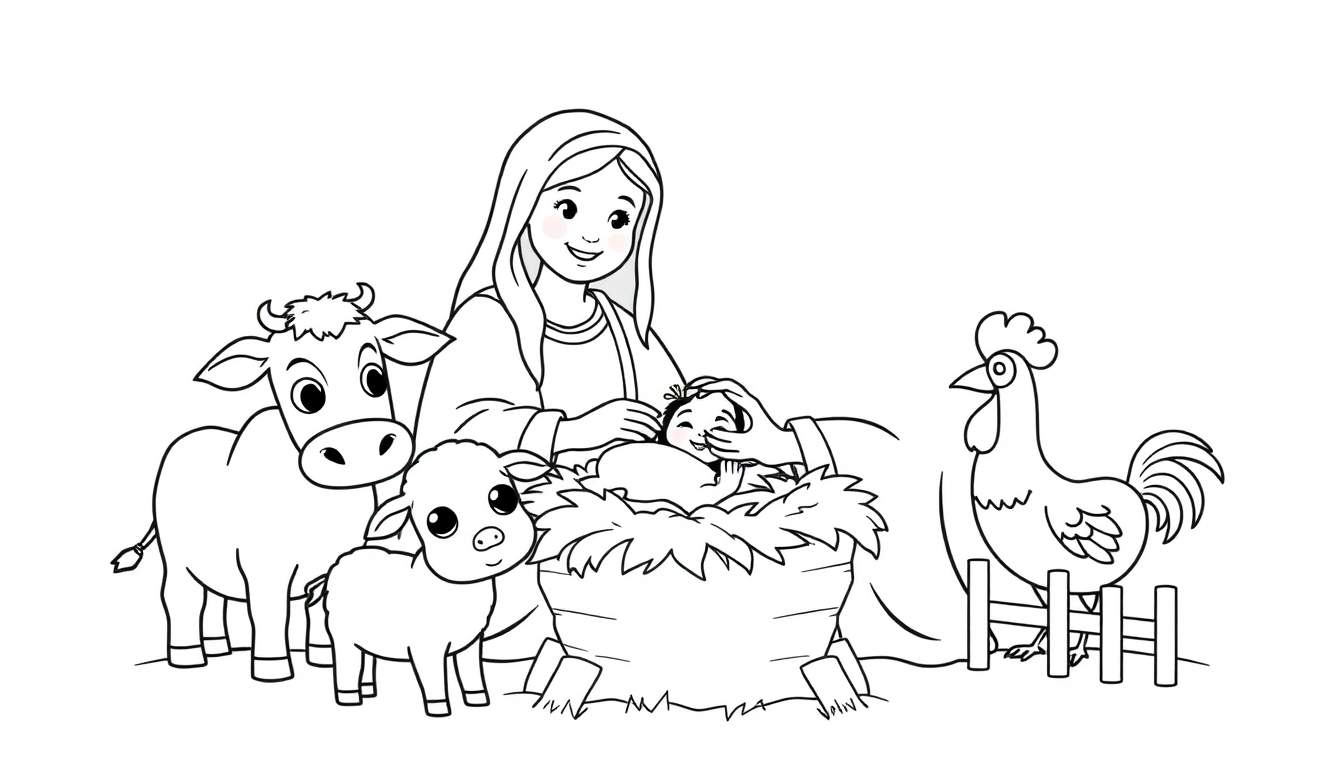 Placa de colorear de la Natividad con animales amigables.
