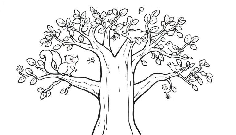 Placa de colorear: Árbol amigable con pájaros y ardilla