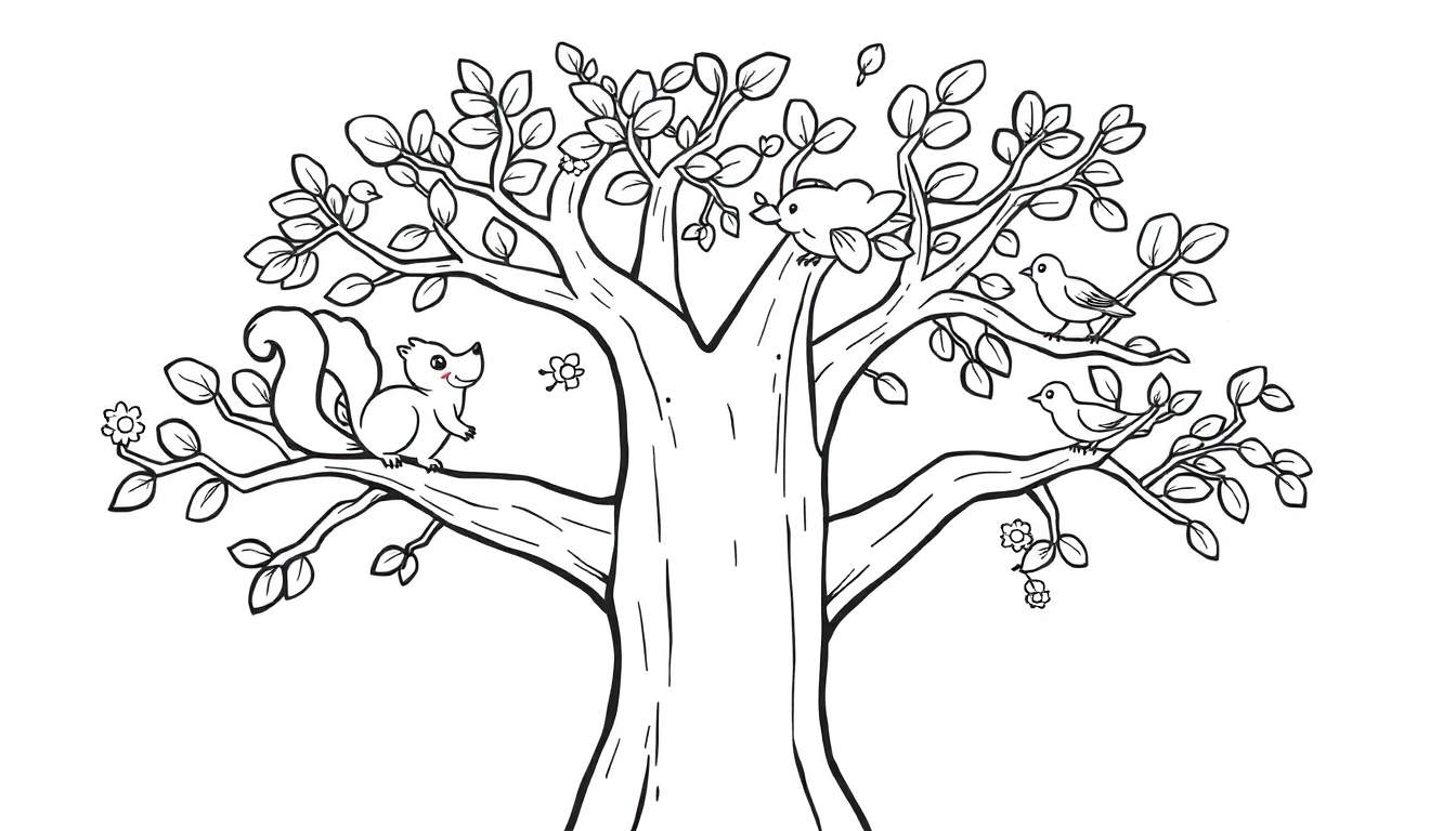 Placa de colorear: Árbol amigable con pájaros y ardilla