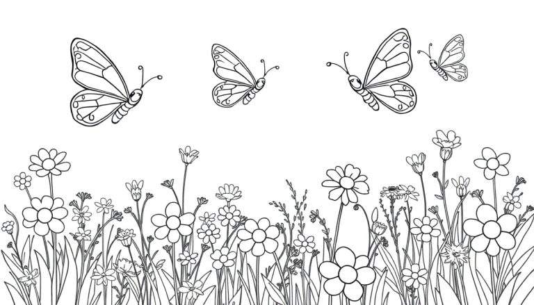 Placa de colorear: prado primaveral con mariposas volando.