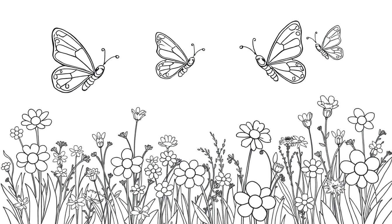 Placa de colorear: prado primaveral con mariposas volando.