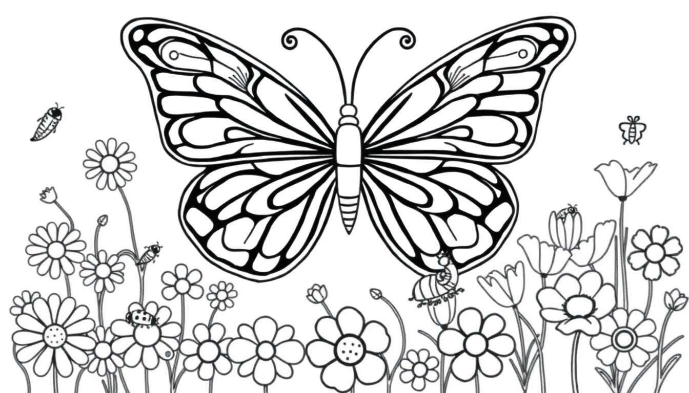 Placa de colorear con una mariposa y flores.