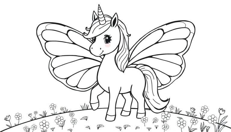Unicornio de dibujos animados con alas de mariposa listo para colorear en una placa.
