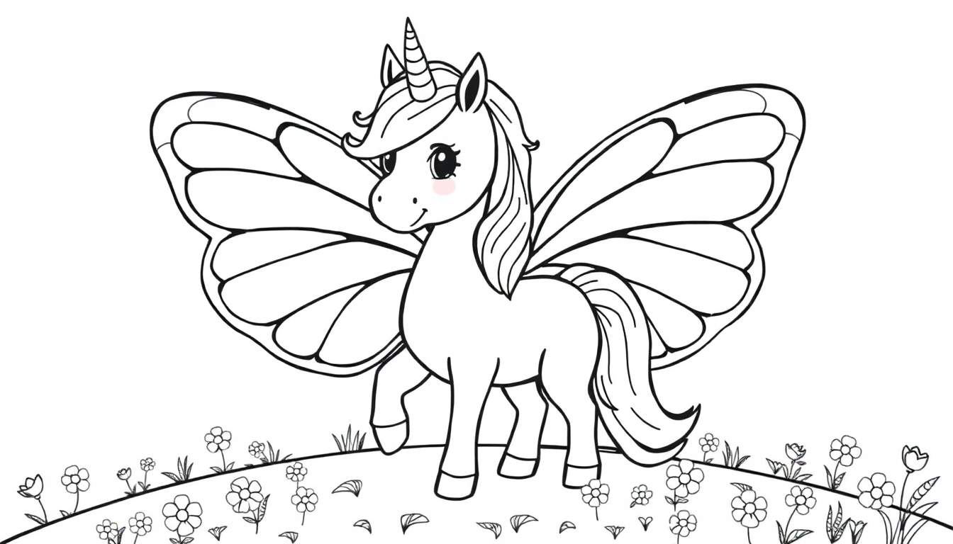 Unicornio de dibujos animados con alas de mariposa listo para colorear en una placa.