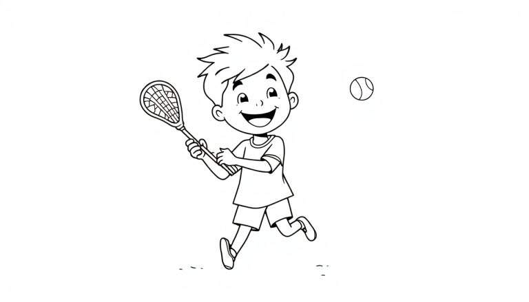 Niño sonriente de caricatura jugando al tenis, listo para colorear en esta placa.