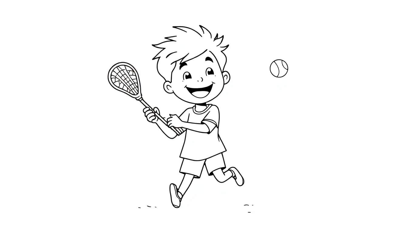 Niño sonriente de caricatura jugando al tenis, listo para colorear en esta placa.