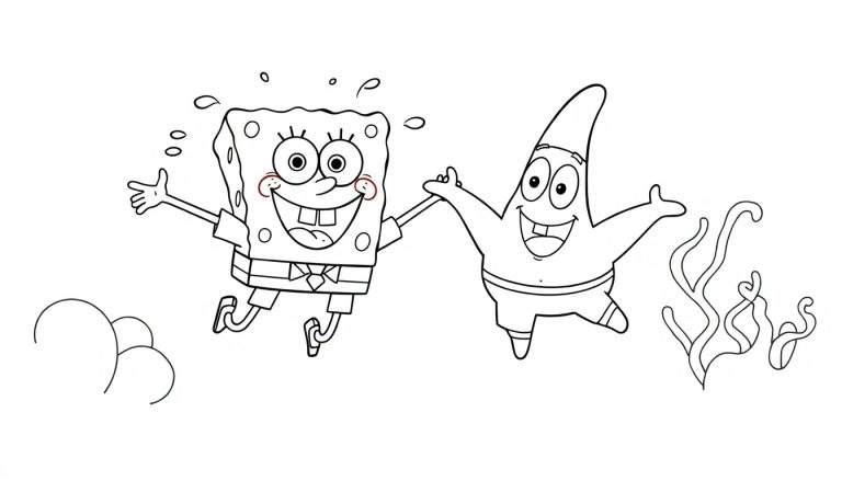 Página de colorear de Bob Esponja y Patricio tomados de la mano.